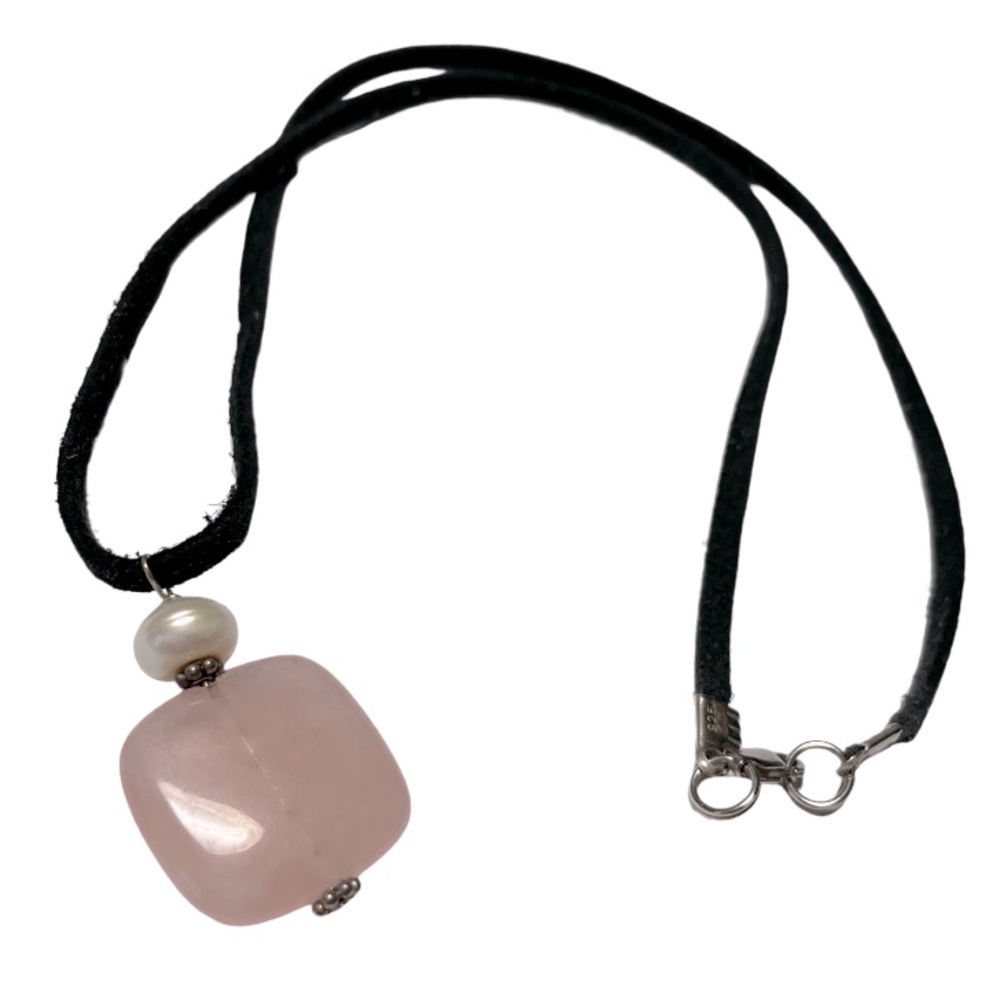 Rose Quartz Crystal & Pearl Pendant on Suede Cord - Genuine 925 Sterling Silver